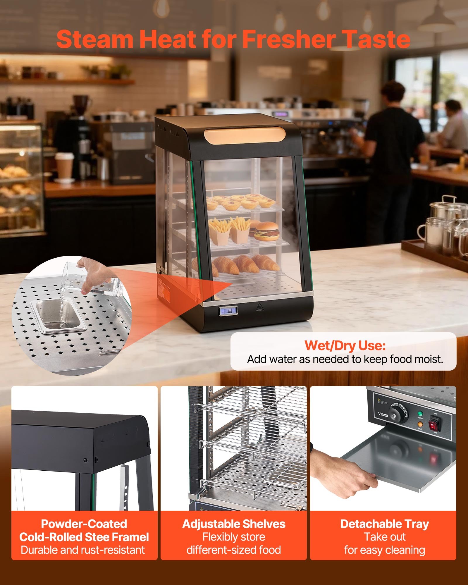 VEVOR 3-laags verwarmde vitrine 57 liter, 800 W, verwarmde vitrine 30–85 °C, voedselwarmer met LED-verlichting en verstelbare schappen, voedselvitrine voor hamburgers, pizza, brood, gebraden kip