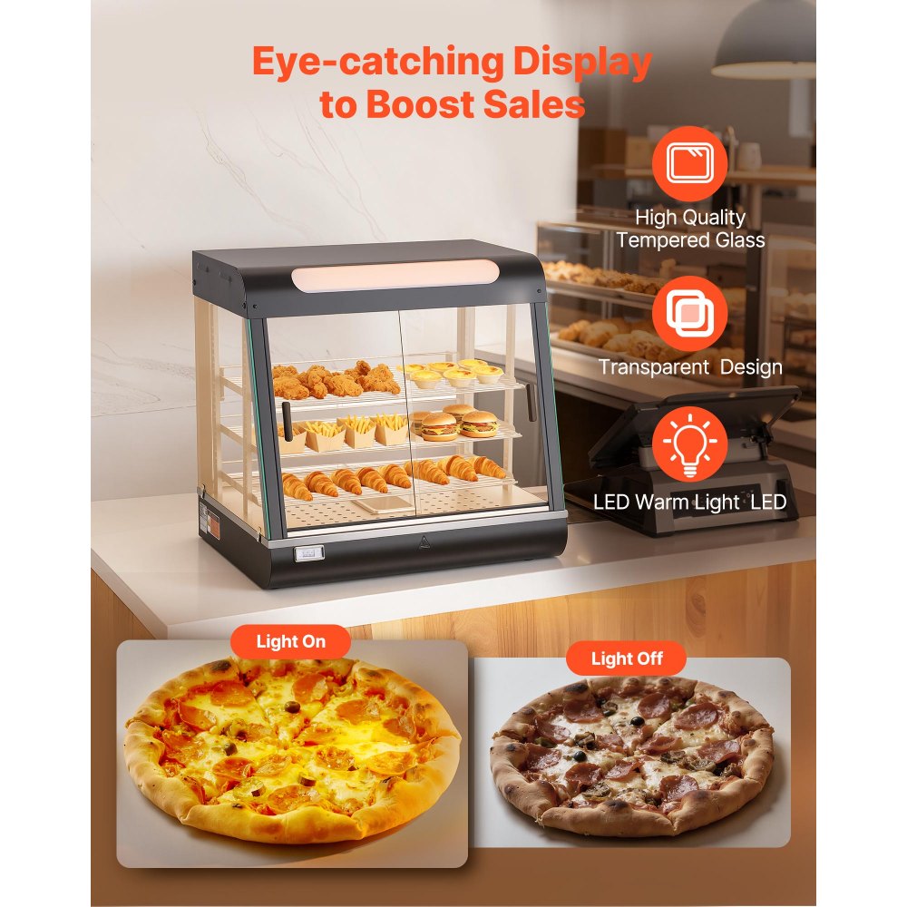 VEVOR 3-laags verwarmde vitrinekast 100 liter, 1200 W, verwarmde vitrinekast 30–85 °C, voedselwarmer met LED-verlichting en verstelbare schappen, voedselvitrinekast voor hamburgers, pizza, brood, gebraden kip