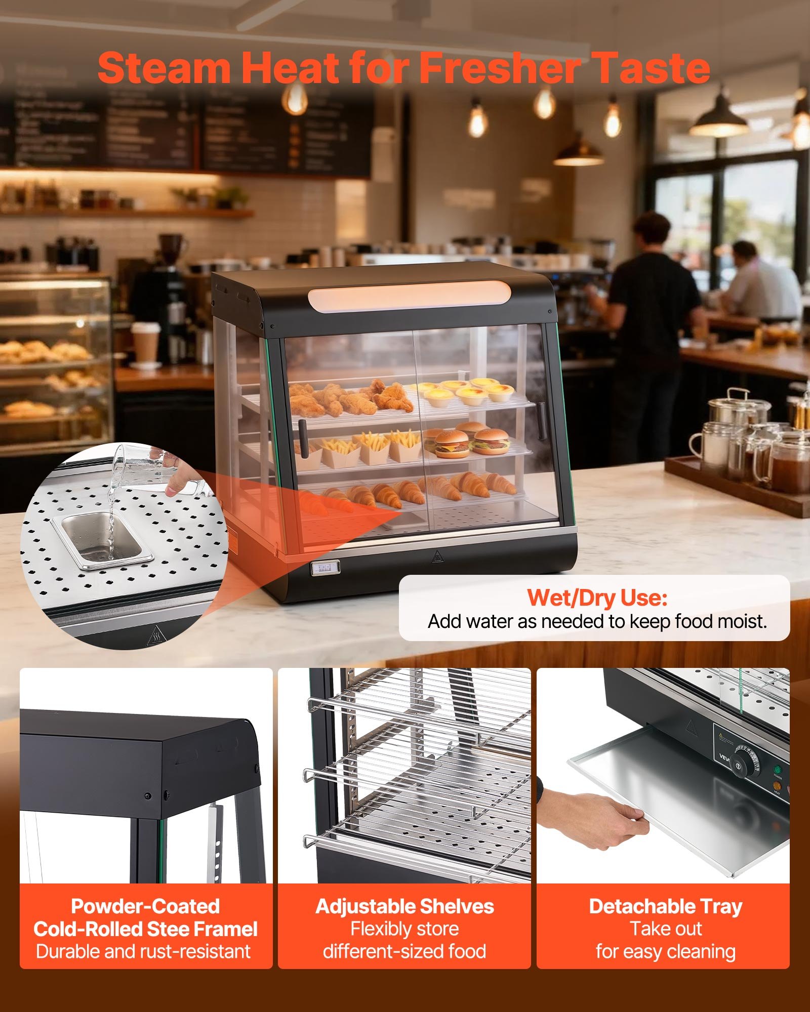 VEVOR 3-laags verwarmde vitrinekast 100 liter, 1200 W, verwarmde vitrinekast 30–85 °C, voedselwarmer met LED-verlichting en verstelbare schappen, voedselvitrinekast voor hamburgers, pizza, brood, gebraden kip