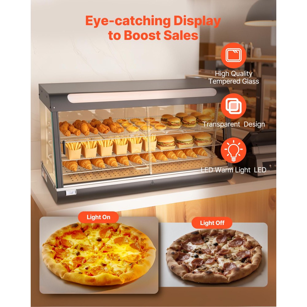 VEVOR 3-laags verwarmde vitrinekast 180 liter, 1600 W, verwarmde vitrinekast 30–85 °C, voedselwarmer met LED-verlichting en verstelbare schappen, voedselvitrinekast voor hamburgers, pizza, brood, gebraden kip
