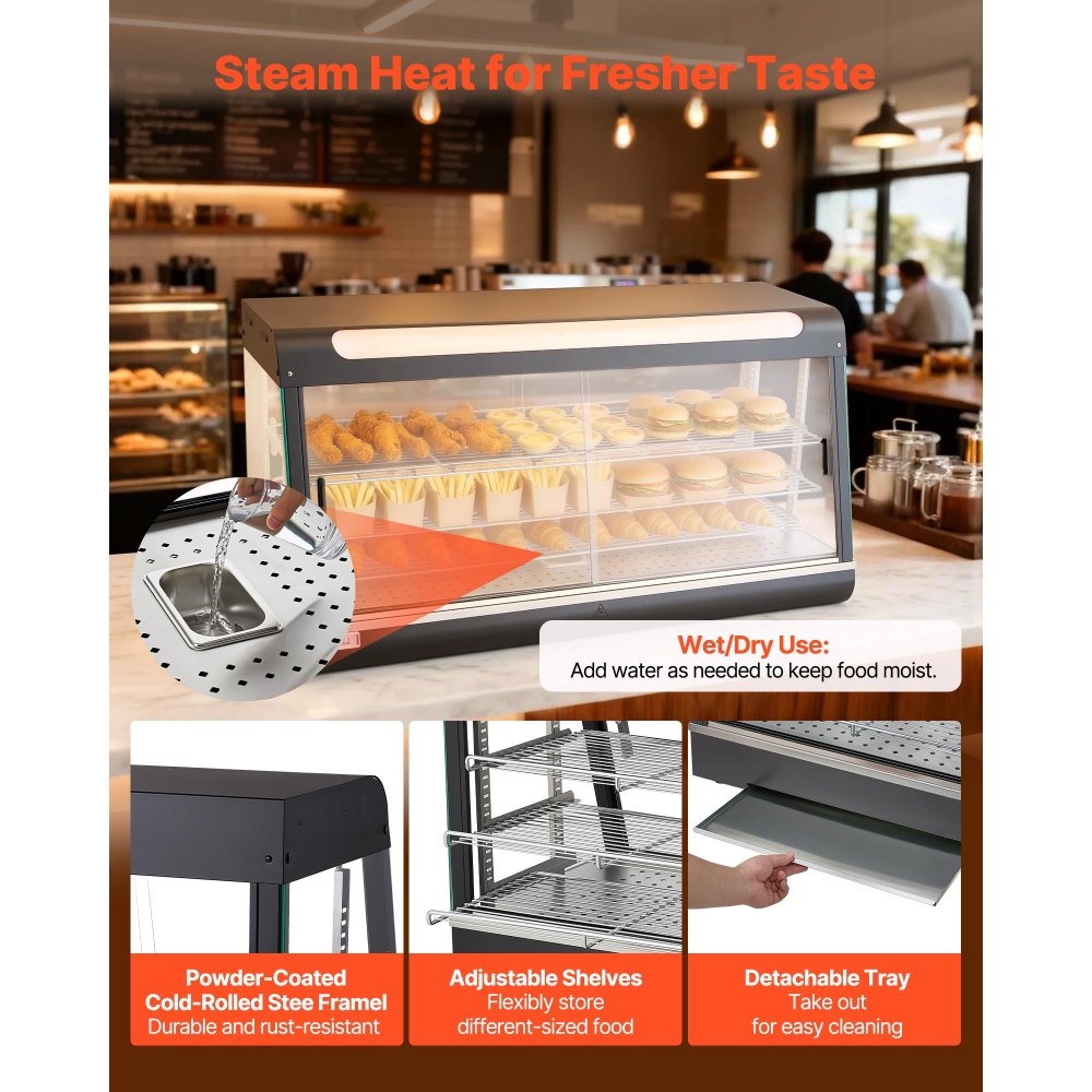 VEVOR 3-laags verwarmde vitrinekast 180 liter, 1600 W, verwarmde vitrinekast 30–85 °C, voedselwarmer met LED-verlichting en verstelbare schappen, voedselvitrinekast voor hamburgers, pizza, brood, gebraden kip