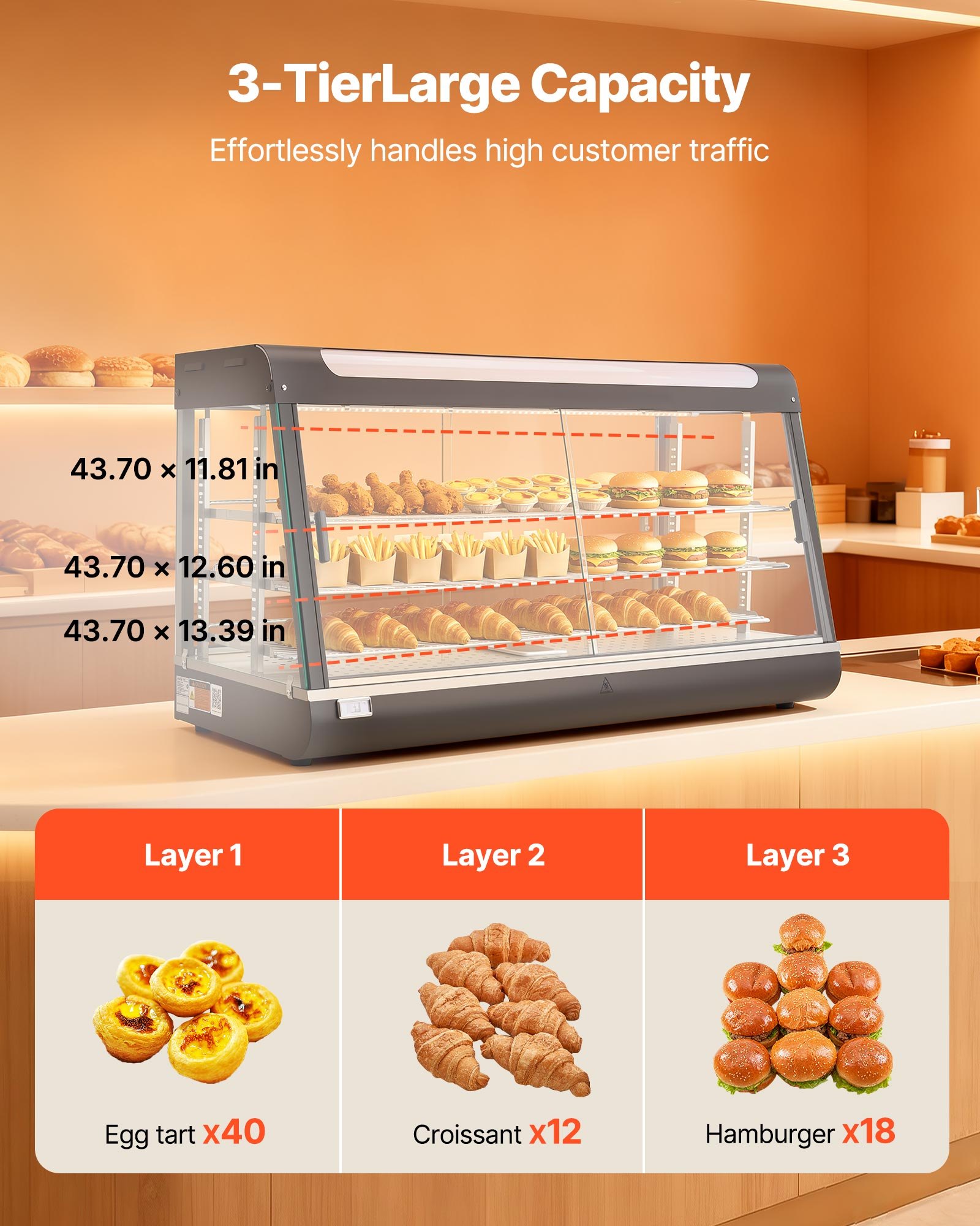 VEVOR 3-laags verwarmde vitrinekast 180 liter, 1600 W, verwarmde vitrinekast 30–85 °C, voedselwarmer met LED-verlichting en verstelbare schappen, voedselvitrinekast voor hamburgers, pizza, brood, gebraden kip