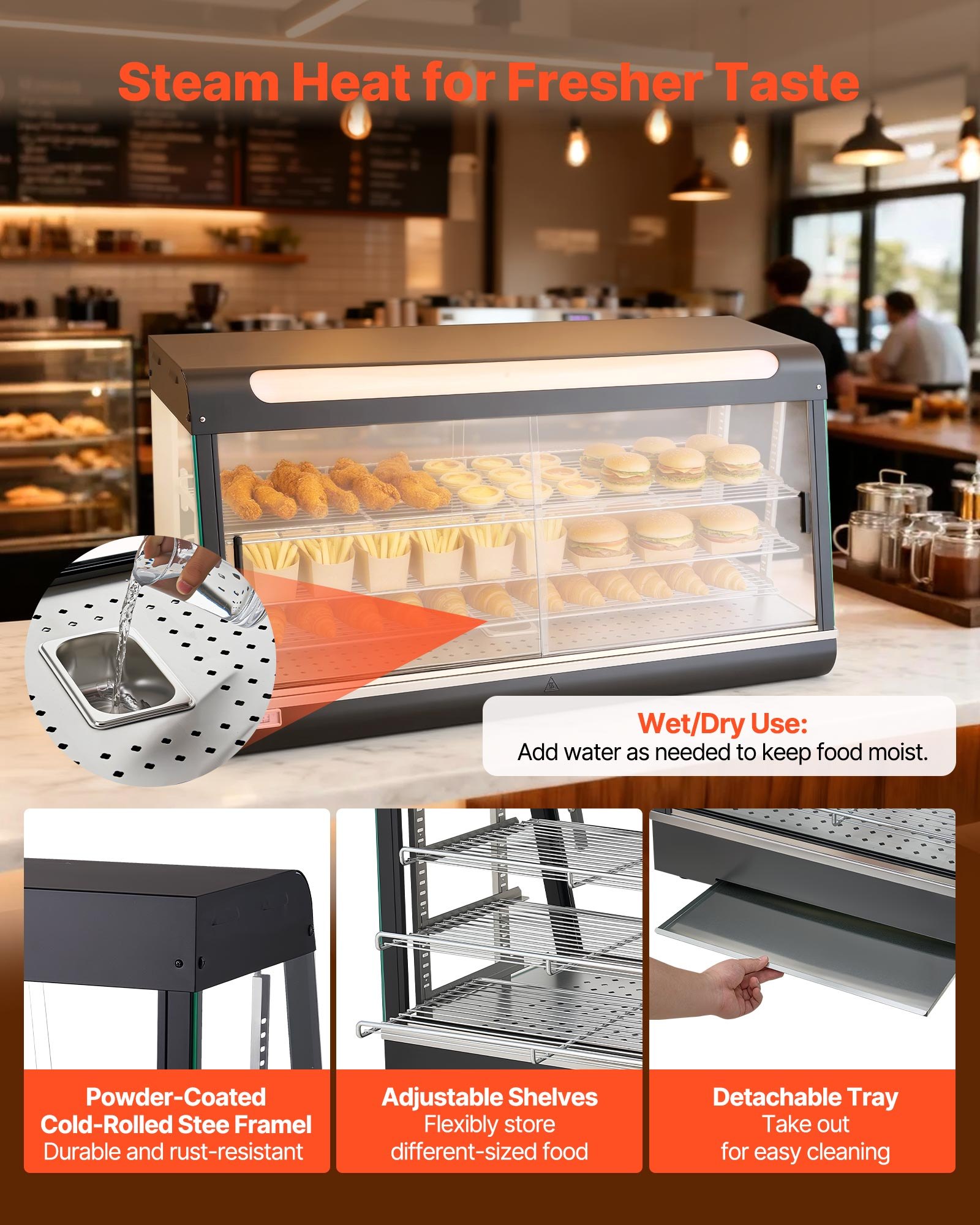 VEVOR 3-laags verwarmde vitrinekast 180 liter, 1600 W, verwarmde vitrinekast 30–85 °C, voedselwarmer met LED-verlichting en verstelbare schappen, voedselvitrinekast voor hamburgers, pizza, brood, gebraden kip