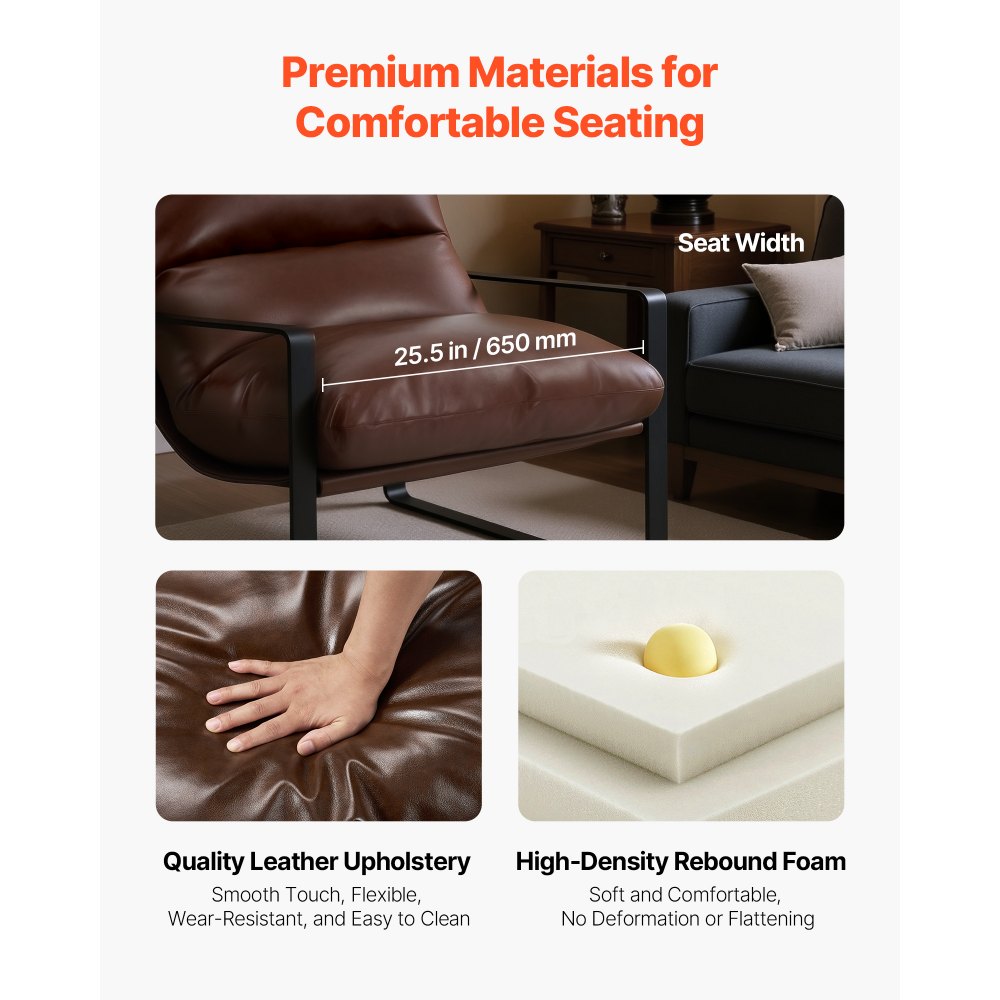 VEVOR Accent Chair Lounge Chair, comfortabele gestoffeerde stoel met zachte schuimvulling en stevig metalen frame en afneembaar kussen, relaxstoel voor woonkamer, slaapkamer, kantoor, bruin