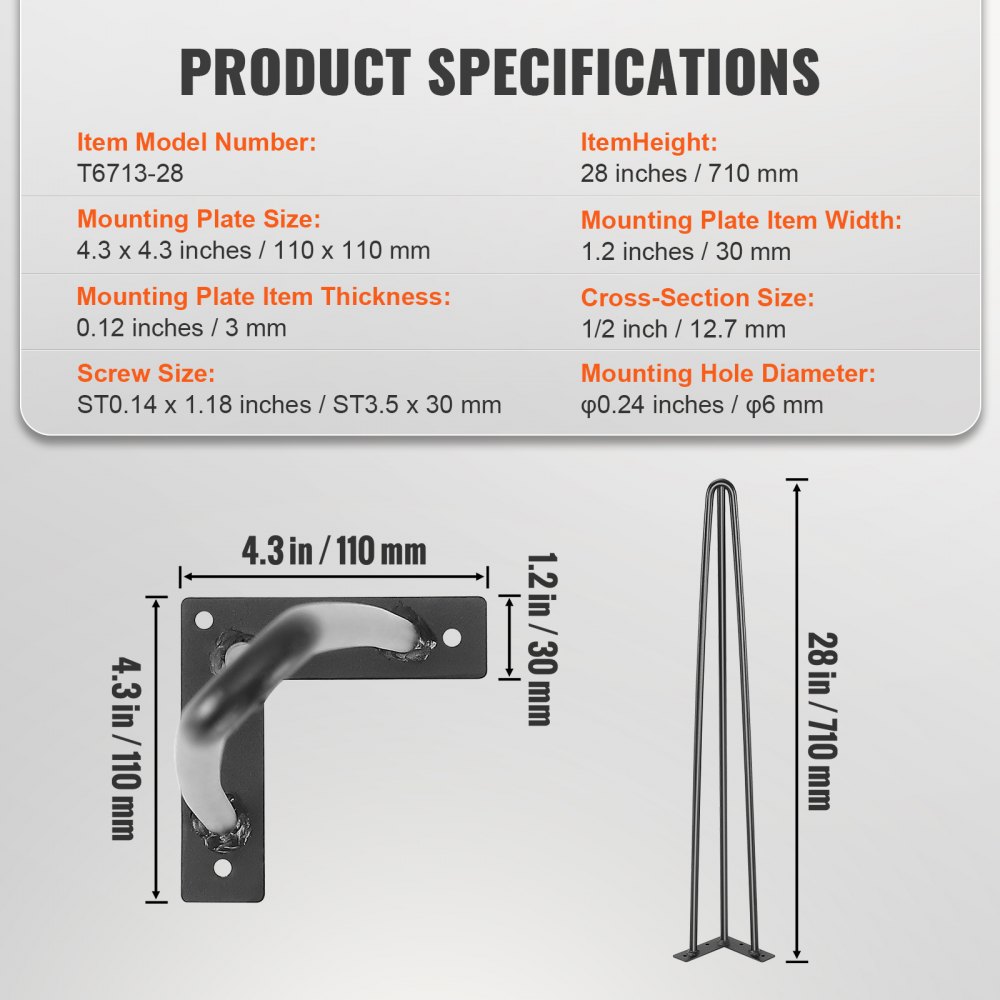 VEVOR Set van 4 Hairpin tafelpoten, 710 mm hoog, montageplaat 110 x 110 mm, tafelpoten van koolstofstaal, matzwart gepoedercoat, met rubberen voetpad, draagvermogen van 408 kg