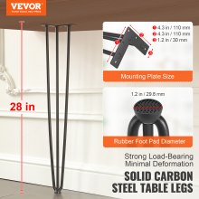 VEVOR Hairpin Table Legs 0.7M, Set of 4 Desk Legs 408.2KG Load Capacity, Hairpin Desk Legs 3 Rods for Desk Chairs Bench Dining End Table, Solid Carbon Steel Heavy Duty Furniture Legs Black