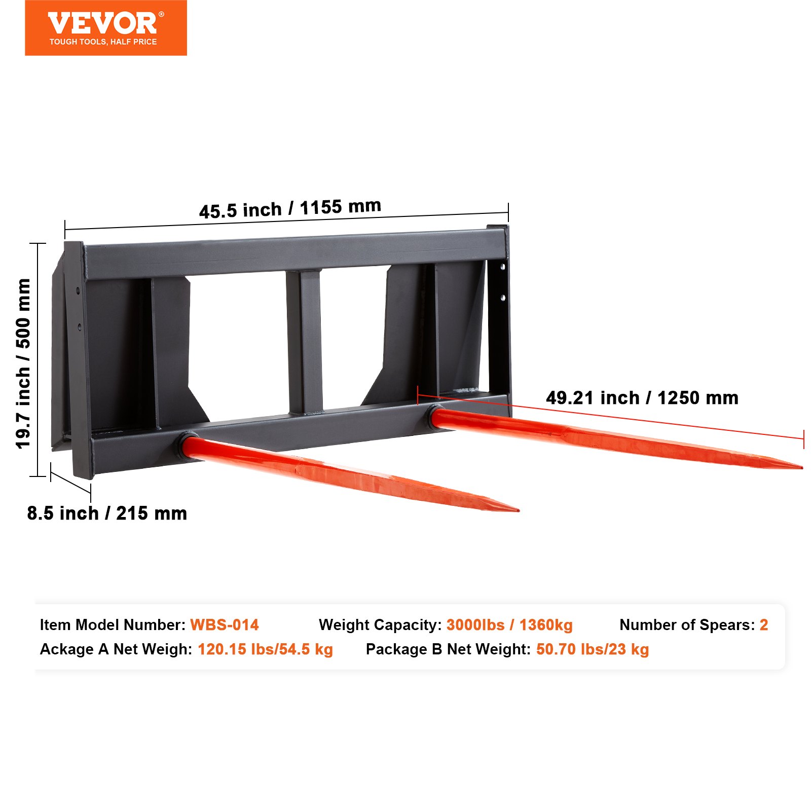 VEVOR-voorladertanden, balentanden met een draagvermogen van 1360 kg, balenprikker van veerstaal, balentransportvork met twee 124 cm lange spikes, zware tanden, geschikt voor schrankladers en tractoren.