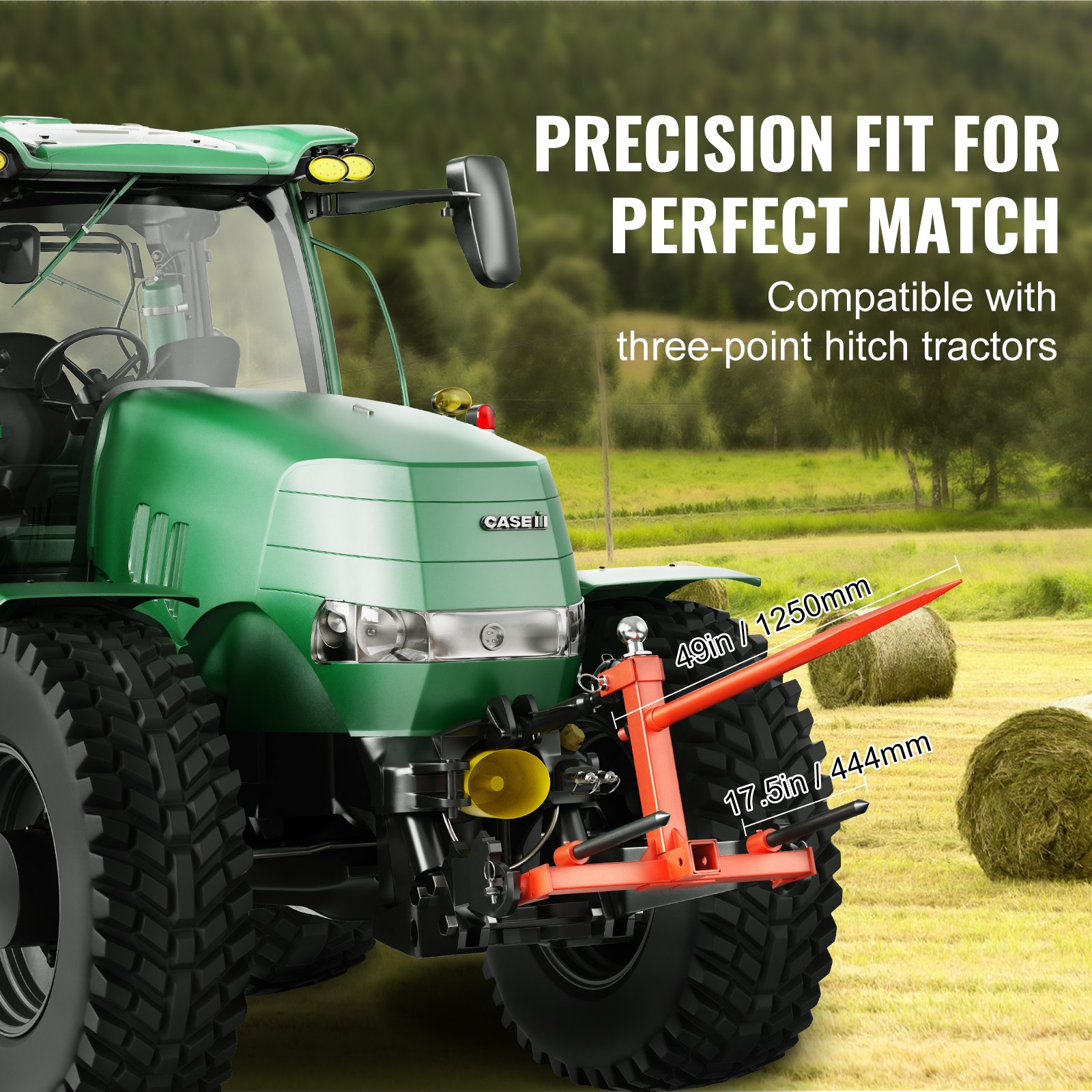 VEVOR 49" Hay Spear, Bale Spears 1600lbs Loading Capacity, Three-Point Hitch Tractor Attachment with 2pcs 17.5" Stabilizer Spears, Quick Attach Spike Forks