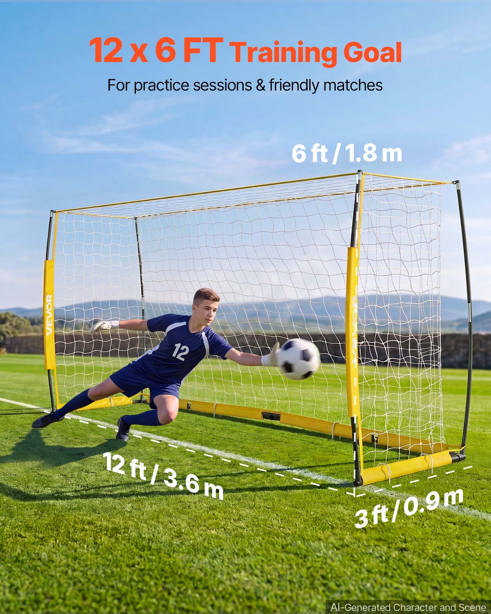 VEVOR voetbaldoel 3,6 x 1,8 m, opvouwbaar voetbaldoel met glasvezelframe, geel, voor voetbalvelden, parken en scholen, polyester net tot 113 km/u, grondankers, metalen voet en Oxford opbergtas