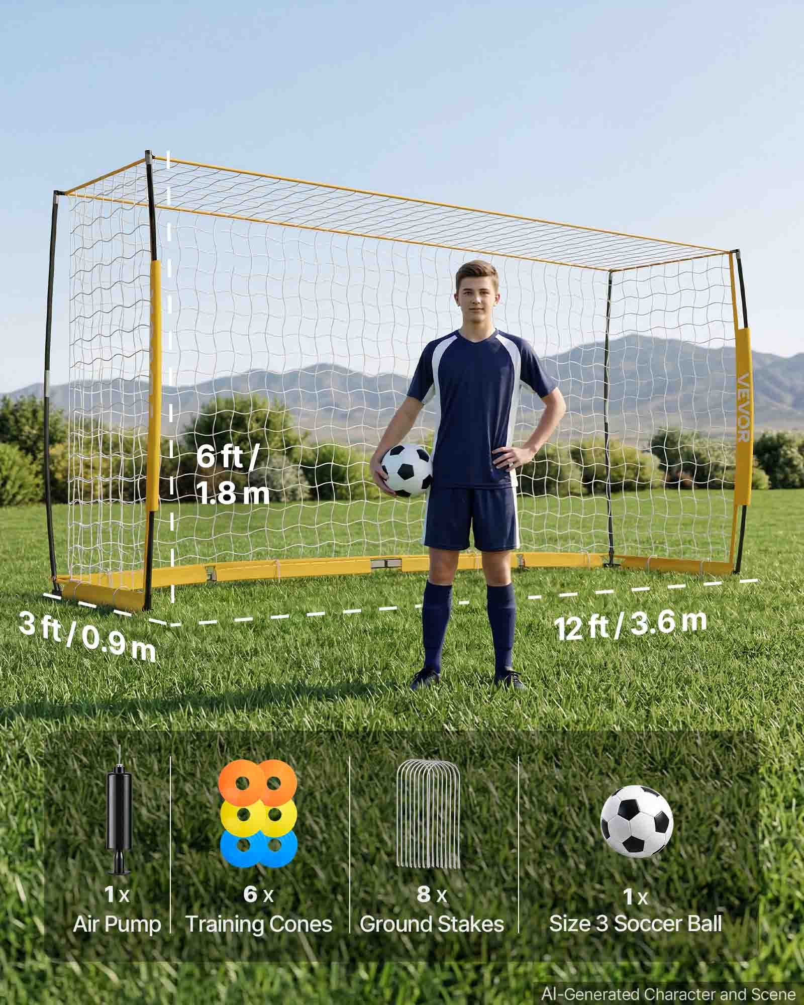 VEVOR voetbaldoel 3,6 x 1,8 m, opvouwbaar voetbaldoel met glasvezelframe, geel, voor voetbalvelden, parken en scholen, polyester net tot 113 km/u, grondankers, metalen voet en Oxford opbergtas