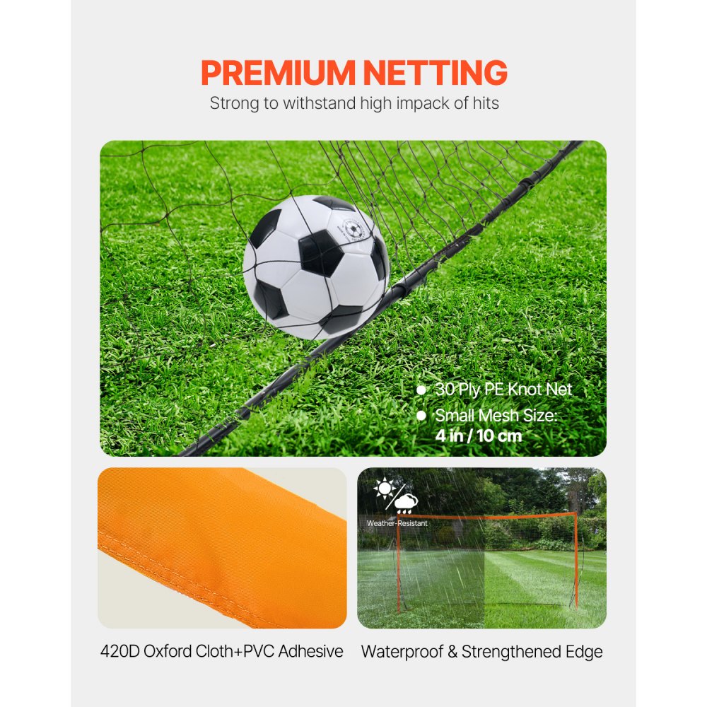 VEVOR Draagbaar voetbaldoelnet 3,66 x 1,83 m voor de tuin, oefenvoetbalnet, trainingsdoelset met stalen en glasvezelconstructie, all-weather voetbaldoelen met draagtas, oranje