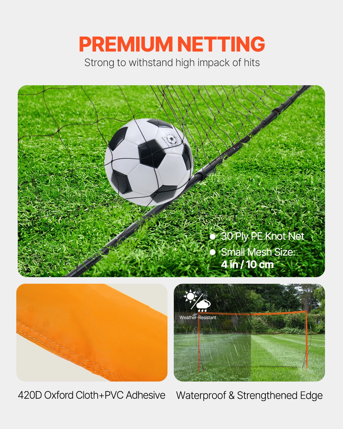 VEVOR Draagbaar voetbaldoelnet 3,66 x 1,83 m voor de tuin, oefenvoetbalnet, trainingsdoelset met stalen en glasvezelconstructie, all-weather voetbaldoelen met draagtas, oranje