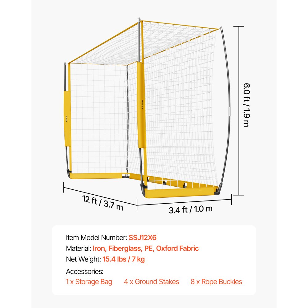 VEVOR Draagbaar voetbaldoelnet 3,66 x 1,83 m voor de tuin, groot oefenvoetbalnet, trainingsdoelset met stalen en glasvezelconstructie, all-weather voetbaldoelen met draagtas, geel