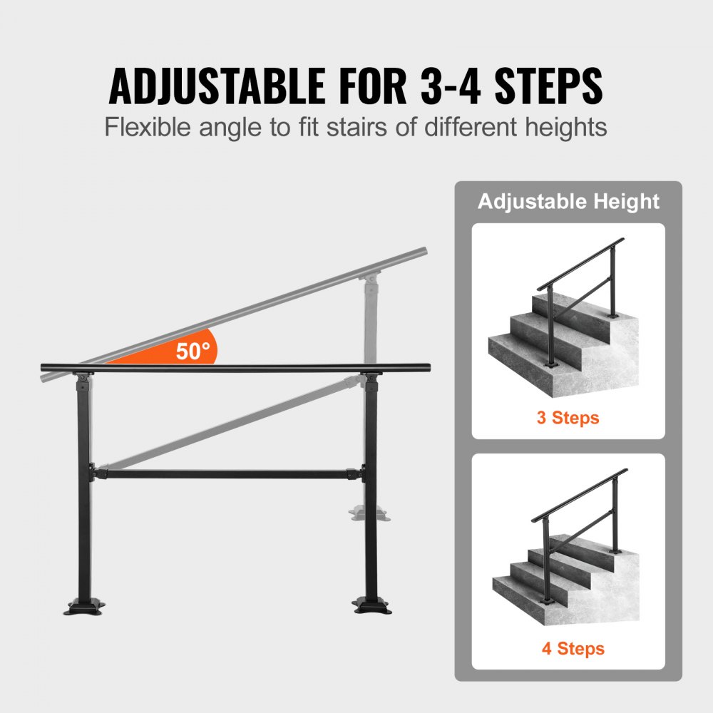 VEVOR Outdoor Stair Railing, Fits for 1-3 Steps Transitional Wrought Iron Handrail, Adjustable Exterior Stair Railing, Handrails for Concrete Steps with Installation Kit, Matte Black Outdoor Handrail