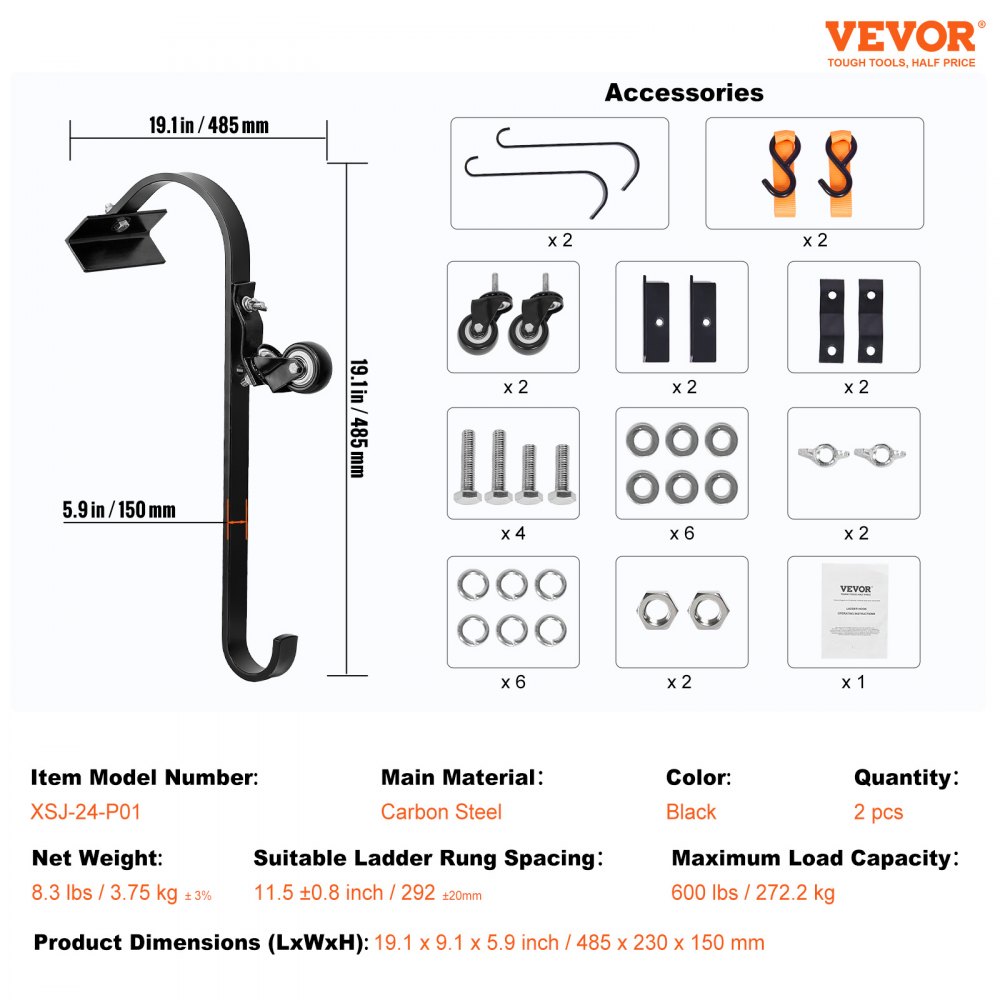 VEVOR Ladder Roof Hook, 2 Pack with Fixed Wheel & Swivel Bar, Wheel Heavy Duty Steel Ladder Stabilizer, Roof Ridge Extension for Damage Prevention, 600 lbs Weight Rating, Easy to Access Steep Roofs