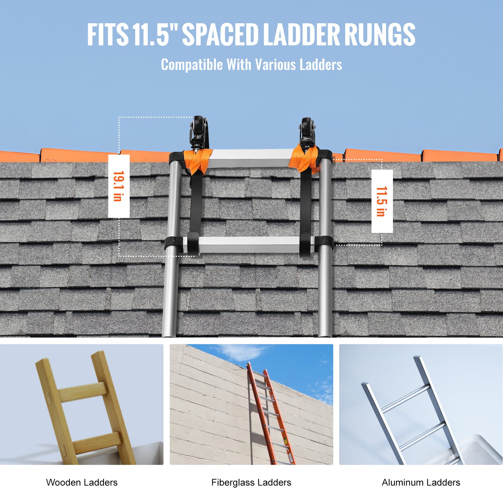 VEVOR Ladder Roof Hook, 2 Pack with Fixed Wheel & Swivel Bar, Wheel Heavy Duty Steel Ladder Stabilizer, Roof Ridge Extension for Damage Prevention, 600 lbs Weight Rating, Easy to Access Steep Roofs