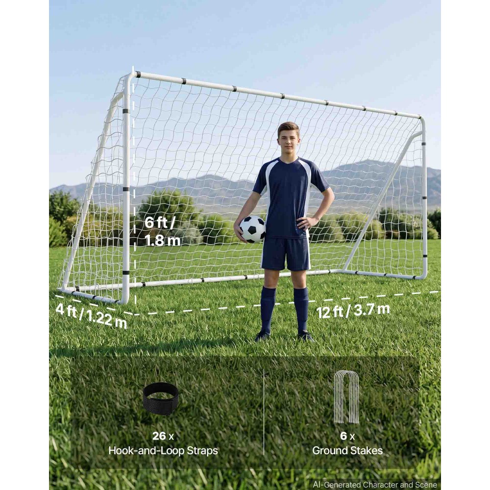 VEVOR voetbaldoel 3,7 x 1,8 m, draagbaar voetbaldoel met wit ijzeren buizenframe, voor tuinen, parken, scholen en sportvelden, inclusief PE-net voor snelheden boven 110 km/u, grondankers, bevestigingsriemen en instructies.