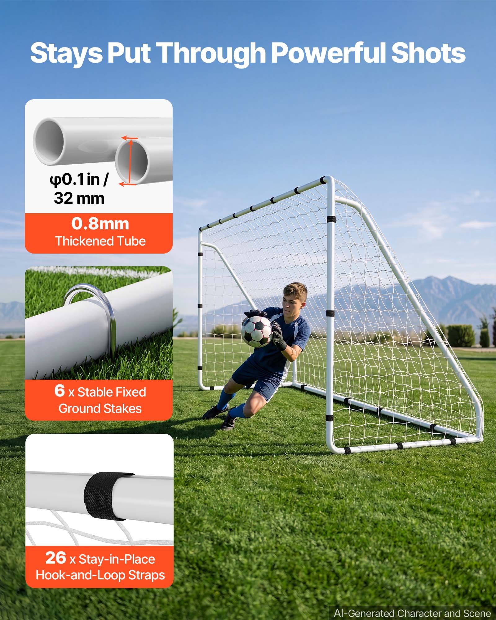 VEVOR voetbaldoel 3,7 x 1,8 m, draagbaar voetbaldoel met wit ijzeren buizenframe, voor tuinen, parken, scholen en sportvelden, inclusief PE-net voor snelheden boven 110 km/u, grondankers, bevestigingsriemen en instructies.