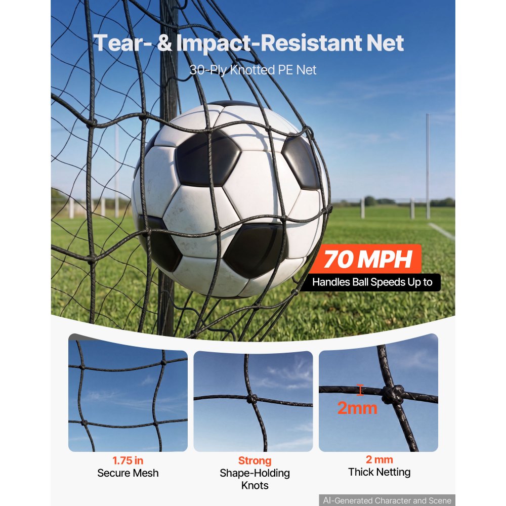 VEVOR voetbaldoel 3 x 2 m, draagbaar voetbaldoel met dikwandige ijzeren buizen voor tuinen, parken, scholen en sportvelden, met PE-net voor snelheden boven 110 km/u, grondankers en schokabsorberende schuimvulling.