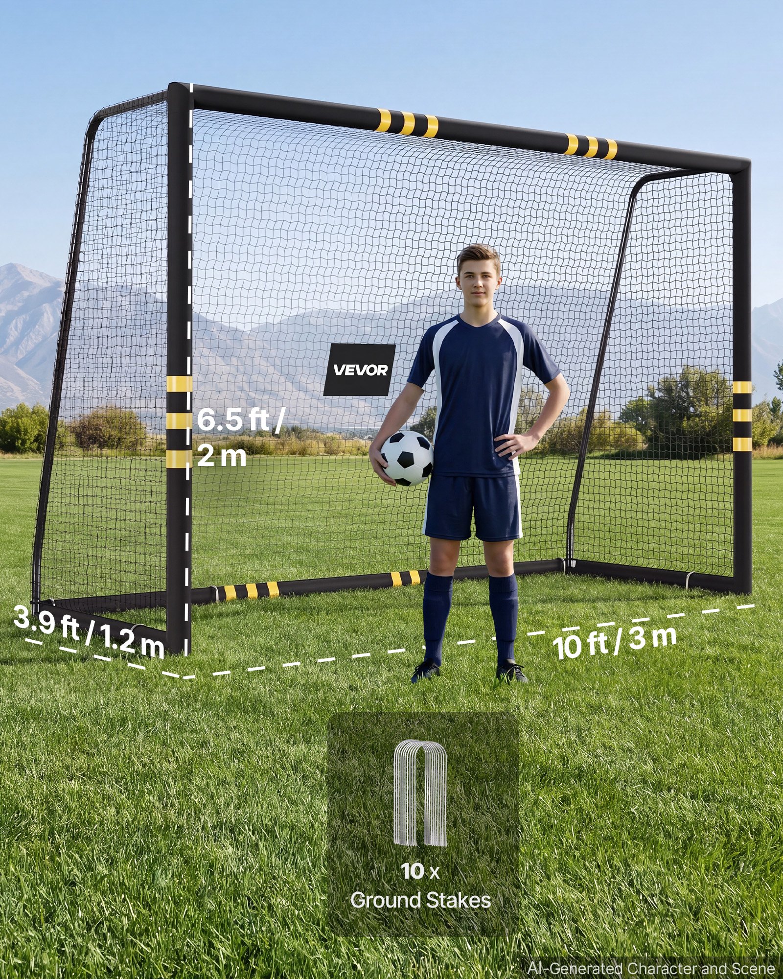 VEVOR voetbaldoel 3 x 2 m, draagbaar voetbaldoel met dikwandige ijzeren buizen voor tuinen, parken, scholen en sportvelden, met PE-net voor snelheden boven 110 km/u, grondankers en schokabsorberende schuimvulling.