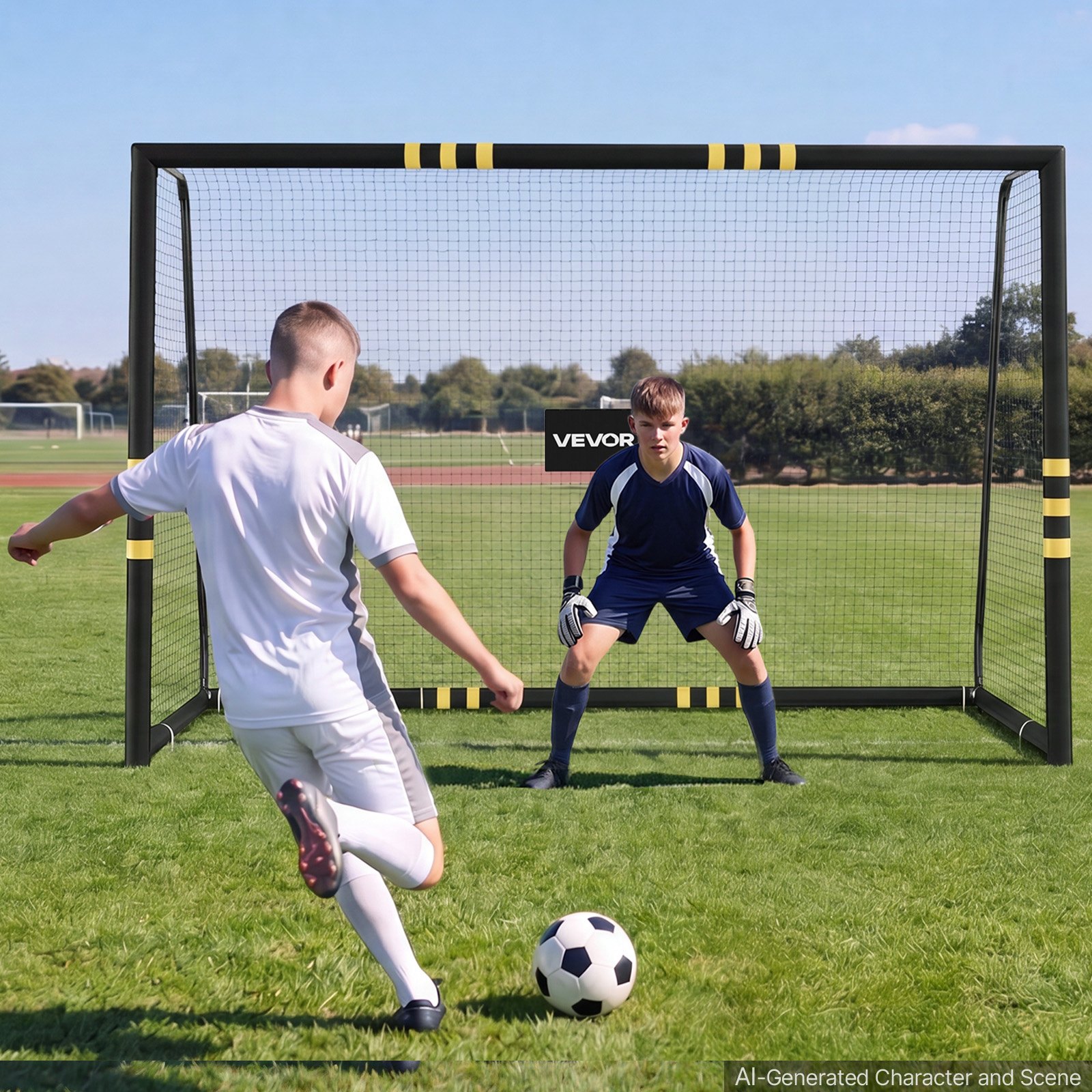 VEVOR voetbaldoel 3 x 2 m, draagbaar voetbaldoel met dikwandige ijzeren buizen voor tuinen, parken, scholen en sportvelden, met PE-net voor snelheden boven 110 km/u, grondankers en schokabsorberende schuimvulling.