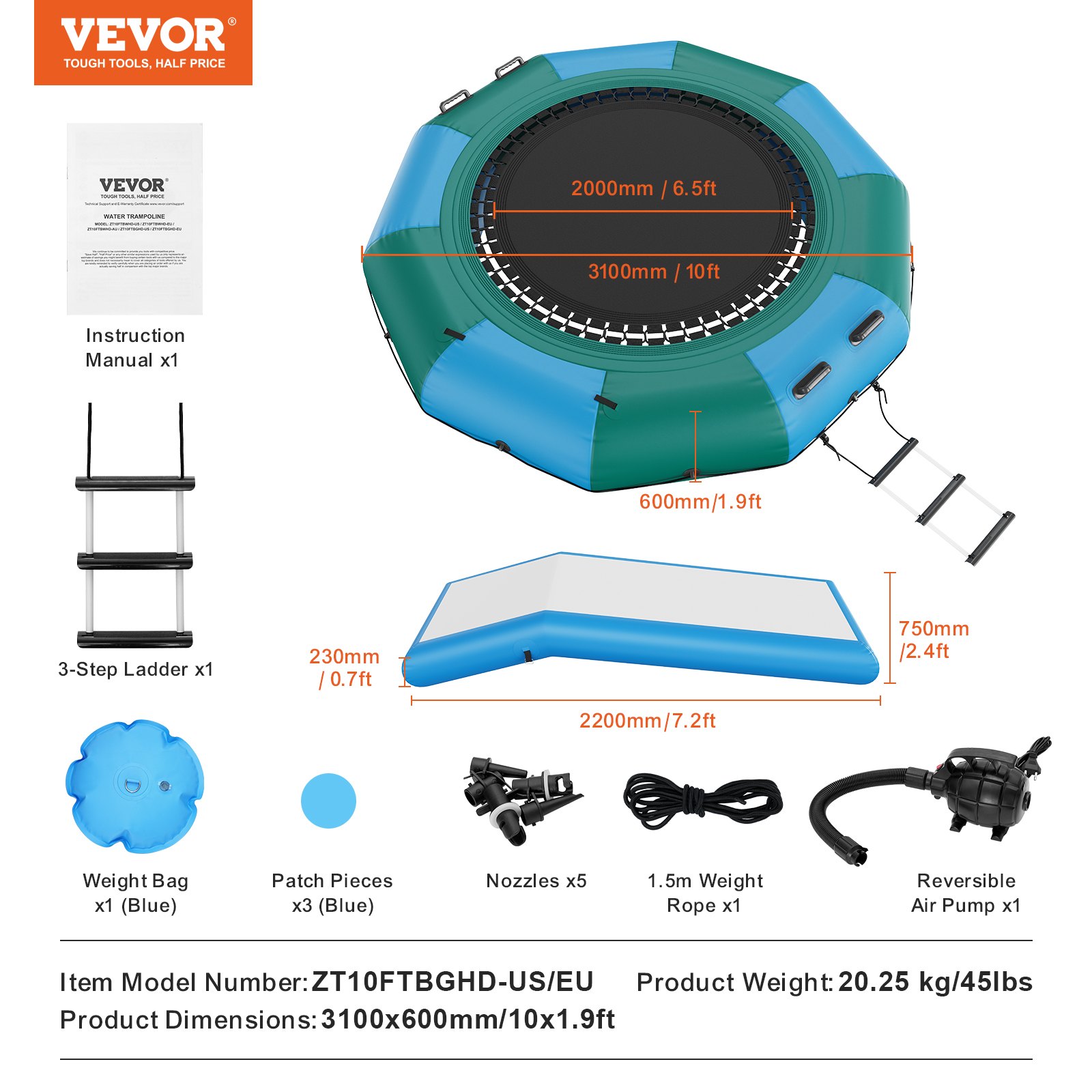 VEVOR Opblaasbare Watertrampoline met Glijbaan en Ladder, Waterdicht, Slijtvast, Duurzame Watertrampoline 3,05 m Groot Springoppervlak, Springplatform Waterpark Zwembadtrampoline, Speelgoed