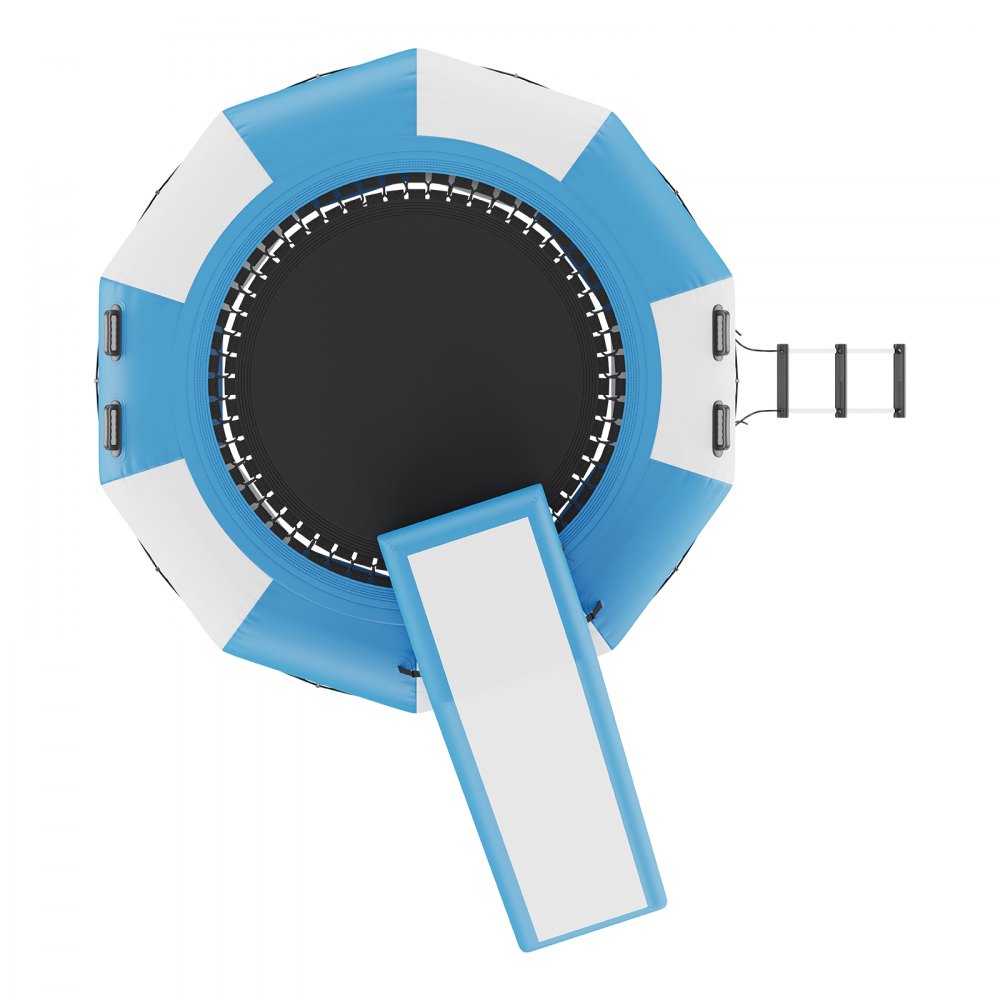 VEVOR Opblaasbare watertrampoline met glijbaan en ladder, waterdicht, slijtvast, watertrampoline 3,05 m groot springoppervlak, springplatform waterpark zwembadtrampoline, wit + blauw