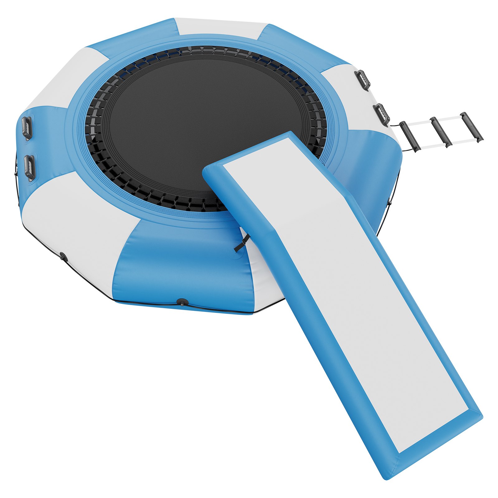 VEVOR Opblaasbare watertrampoline met glijbaan en ladder, waterdicht, slijtvast, watertrampoline 3,05 m groot springoppervlak, springplatform waterpark zwembadtrampoline, wit + blauw