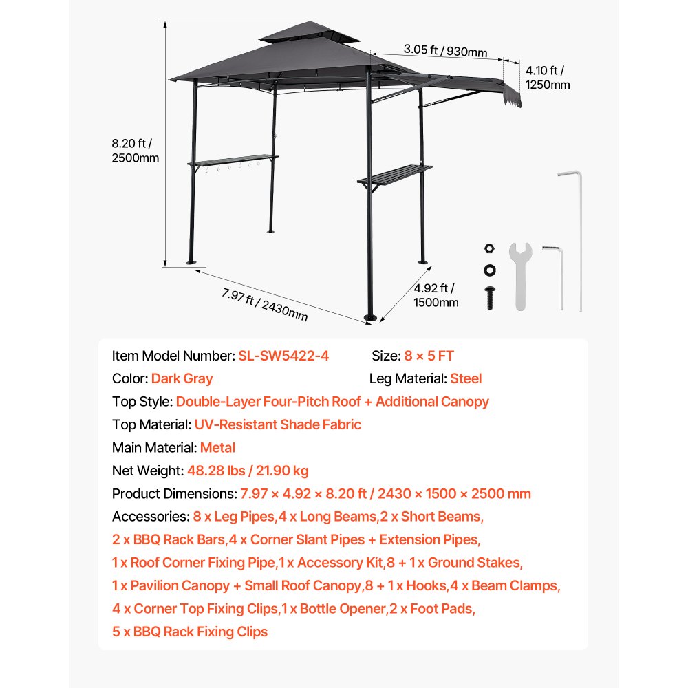 VEVOR BBQ Gazebo, 2430x1500x500mm, grillluifel voor buitengrill, 2-laags BBQ Gazebo-luifel, dubbel dak tuingazebo met extra luifel, voor terras, tuin en moestuin