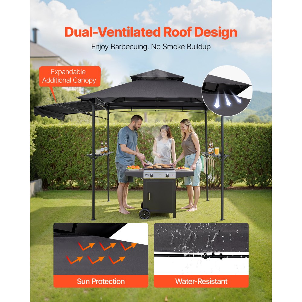 VEVOR Grillpaviljoen, 2430x1500x500mm, Grilloverkapping voor buitenbarbecues, 2-laags BBQ-paviljoen, Tuinpaviljoen met dubbel dak en extra luifel, voor terras, tuin en erf