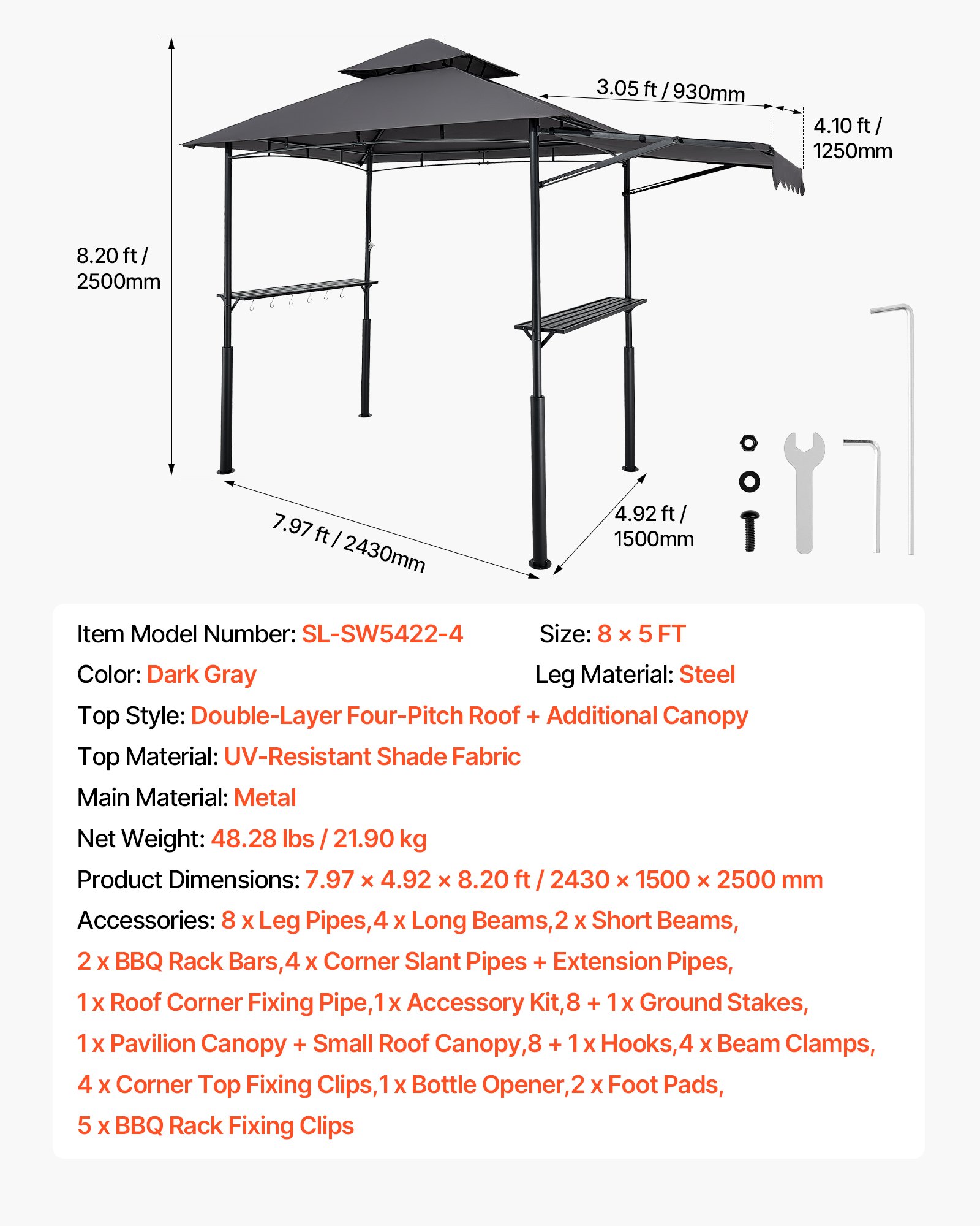 VEVOR BBQ Gazebo, 2430x1500x500mm, grillluifel voor buitengrill, 2-laags BBQ Gazebo-luifel, dubbel dak tuingazebo met extra luifel, voor terras, tuin en moestuin
