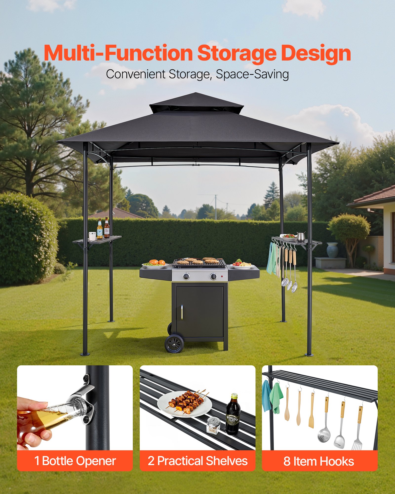 VEVOR BBQ Gazebo, 2430x1500x500 mm, grillluifel voor buitengrill, 2-laags BBQ Gazebo-luifel, dubbel dak tuingazebo 2-4 personen, ideaal voor terras, achtertuin en tuin
