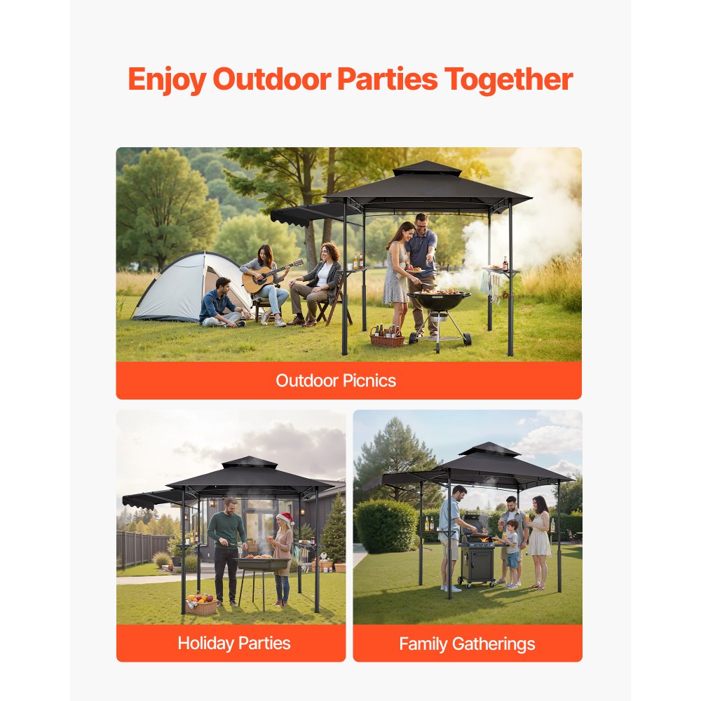 VEVOR Grill Gazebo, 8 x 5 ft Double-Tiered Top, Reinforced BBQ Gazebo with Extra Awning, Powder-Coated Steel Patio Grill Shelter with 2 Side Shelves & Hooks, Outdoor Grilling Canopy for Garden
