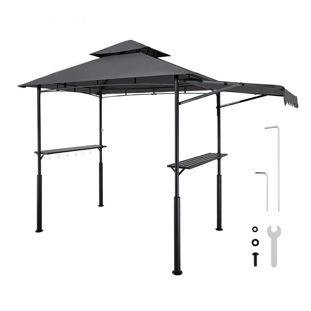 VEVOR Grill Gazebo, 8 x 5 ft Double-Tiered Top, Reinforced BBQ Gazebo with Extra Awning, Powder-Coated Steel Patio Grill Shelter with 2 Side Shelves & Hooks, Outdoor Grilling Canopy for Garden