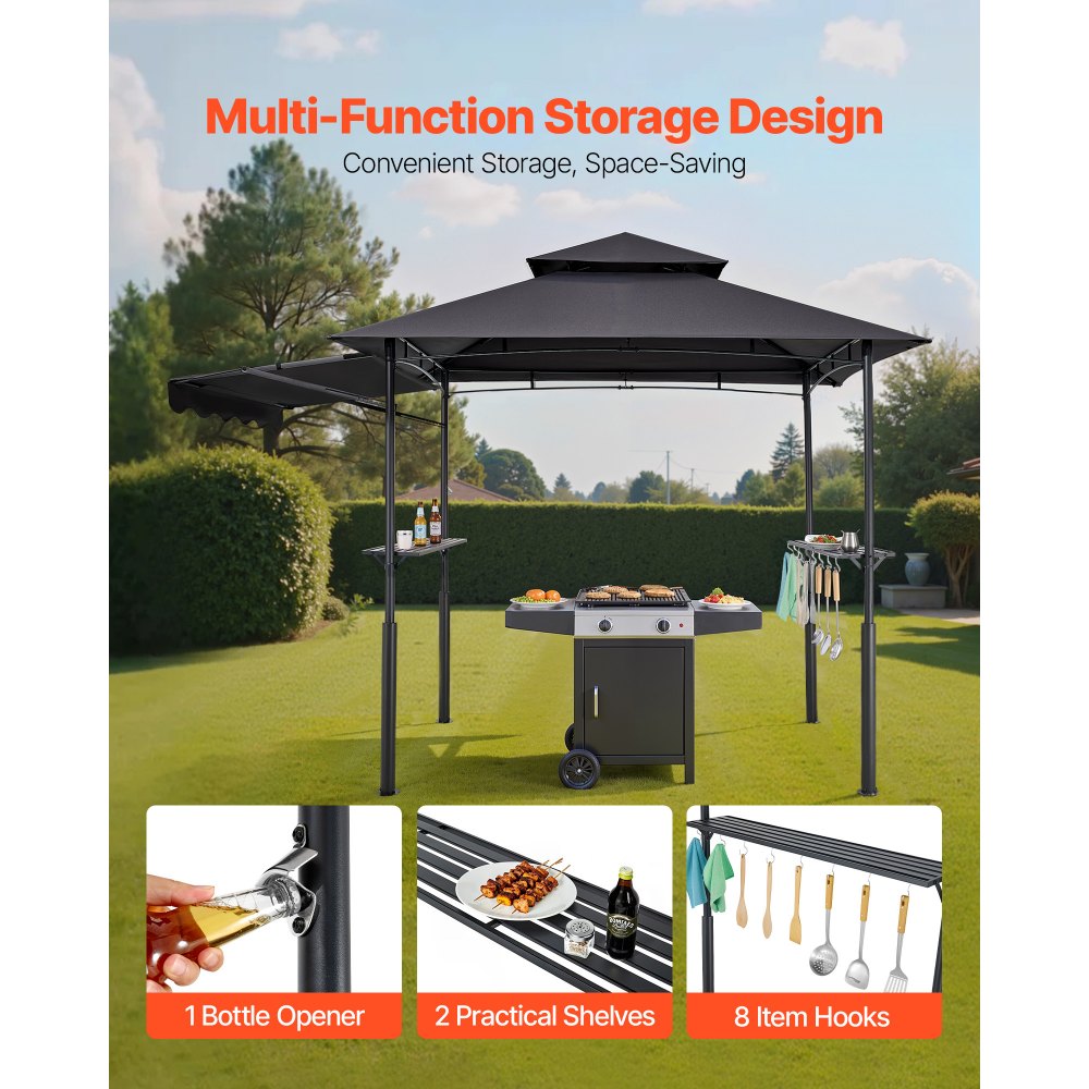 VEVOR Grillpaviljoen, 2430x1500x500mm, Grilloverkapping voor buitenbarbecues, BBQ-paviljoen met twee verdiepingen, tuinpaviljoen met dubbel dak, verstevigde steunpoten en luifel, voor terras, tuin en erf.