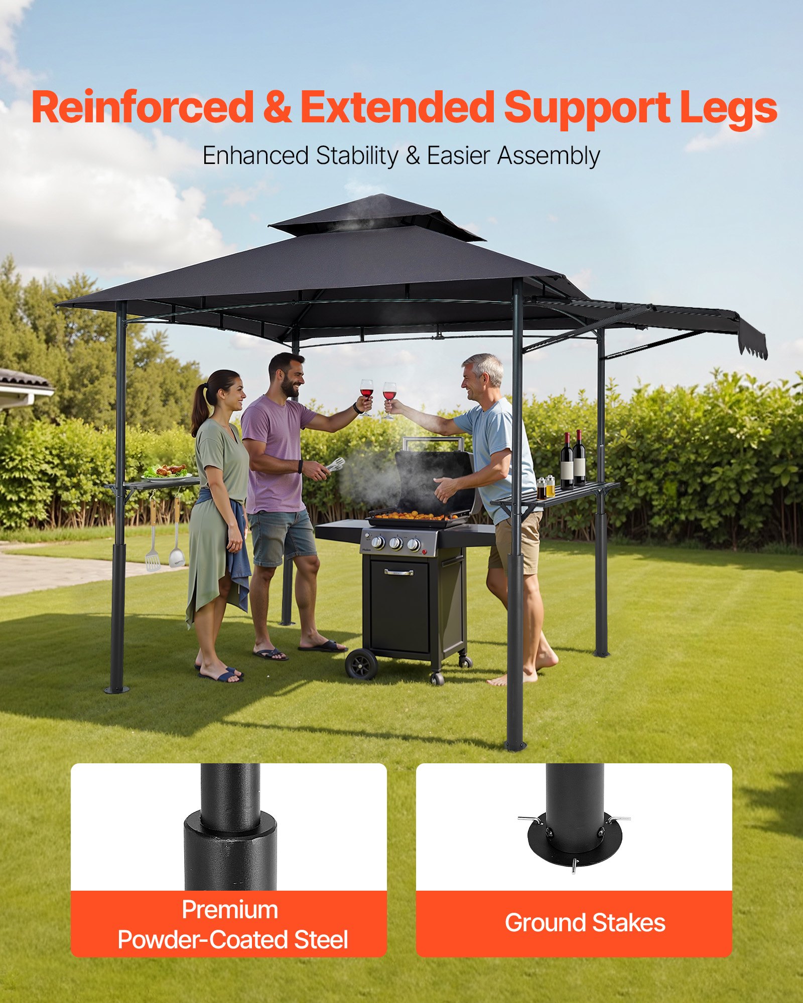 VEVOR Grillpaviljoen, 2430x1500x500mm, Grilloverkapping voor buitenbarbecues, BBQ-paviljoen met twee verdiepingen, tuinpaviljoen met dubbel dak, verstevigde steunpoten en luifel, voor terras, tuin en erf.