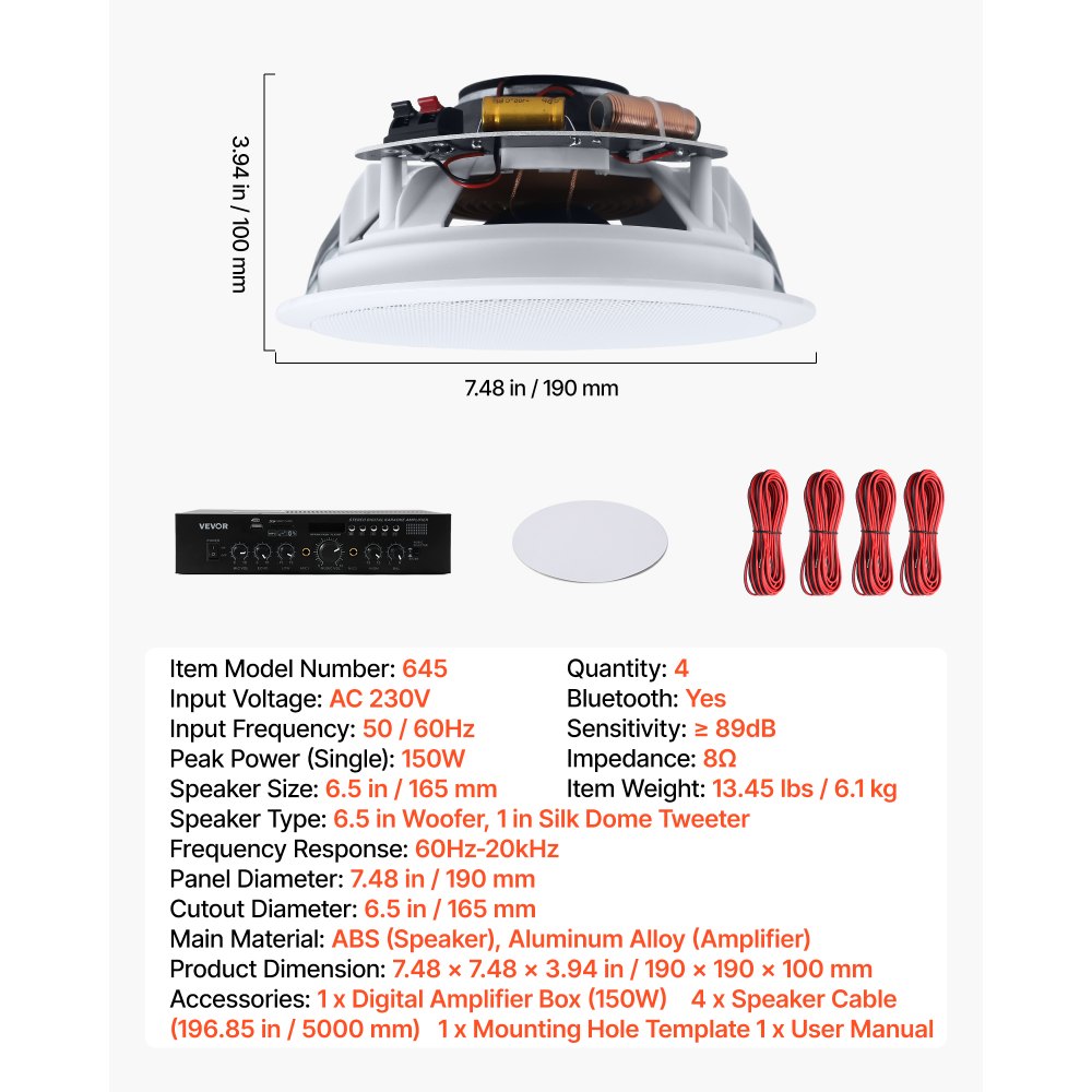 VEVOR 4 Inbouwplafondluidsprekers Bluetooth 165,1 mm, 2-weg luidsprekers met versterker en 150 W piekvermogen, bedrade plafondluidsprekers voor thuisbioscoop, overdekt terras en vlakke montage