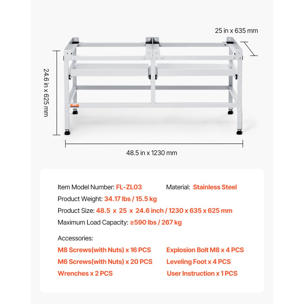 VEVOR Wasmachine Onderstel, 1230x635x625 mm Voetstuk voor Wasmachine, 267 kg Laadvermogen, Wasmachine & Droger Onderstel met Dubbele Planken, 4 Verstelbare Voeten voor het Optillen van Wasmachines