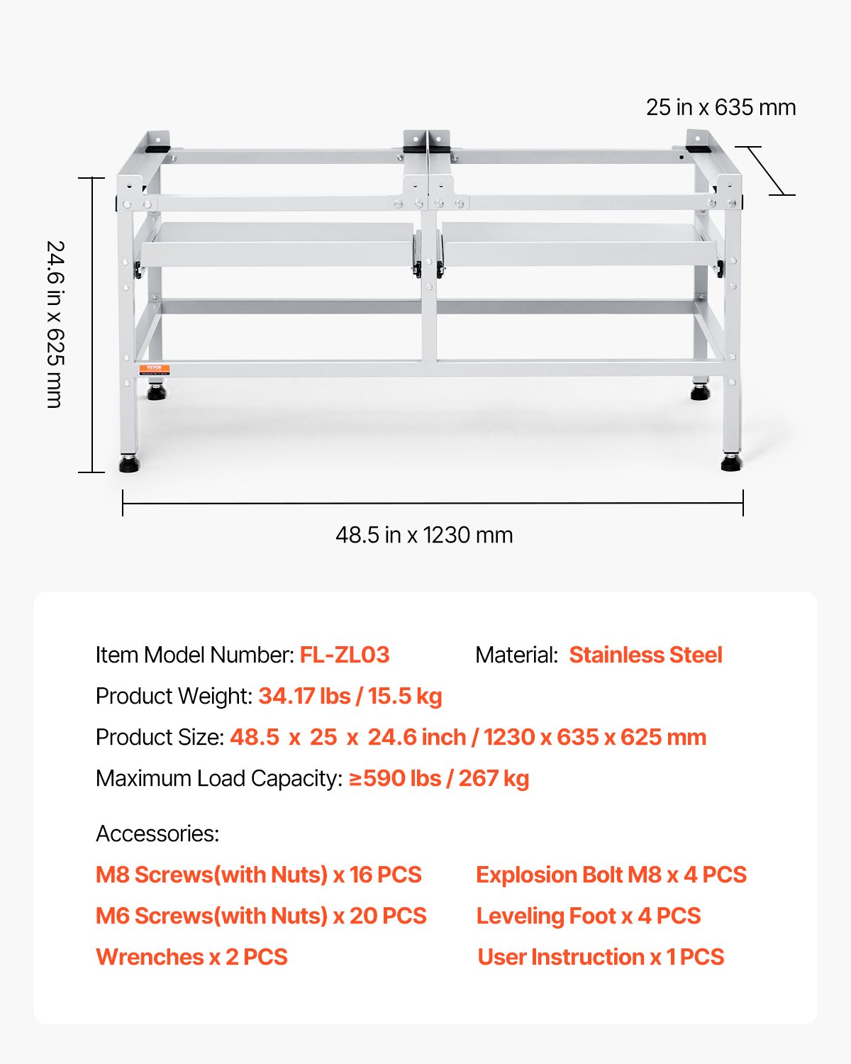 VEVOR Wasmachine Onderstel, 1230x635x625 mm Voetstuk voor Wasmachine, 267 kg Laadvermogen, Wasmachine & Droger Onderstel met Dubbele Planken, 4 Verstelbare Voeten voor het Optillen van Wasmachines