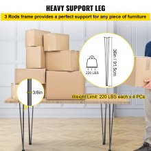 VEVR Hairpin Table Legs 36" Black Set of 4 Desk Legs 880lbs Load Capacity (Each 220lbs) Hairpin Desk Legs 3 Rods for Bench Desk Dining End Table Chairs Carbon Steel DIY Heavy Duty Furniture Legs
