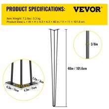 VEVOR Hairpin Table Legs 40 inch Black Set of 4 Desk Legs Each 220lbs Capacity Hairpin Desk Legs 3 Rods for Bench Desk Dining End Table Chairs Carbon Steel DIY Table Legs Heavy Duty Furniture Legs