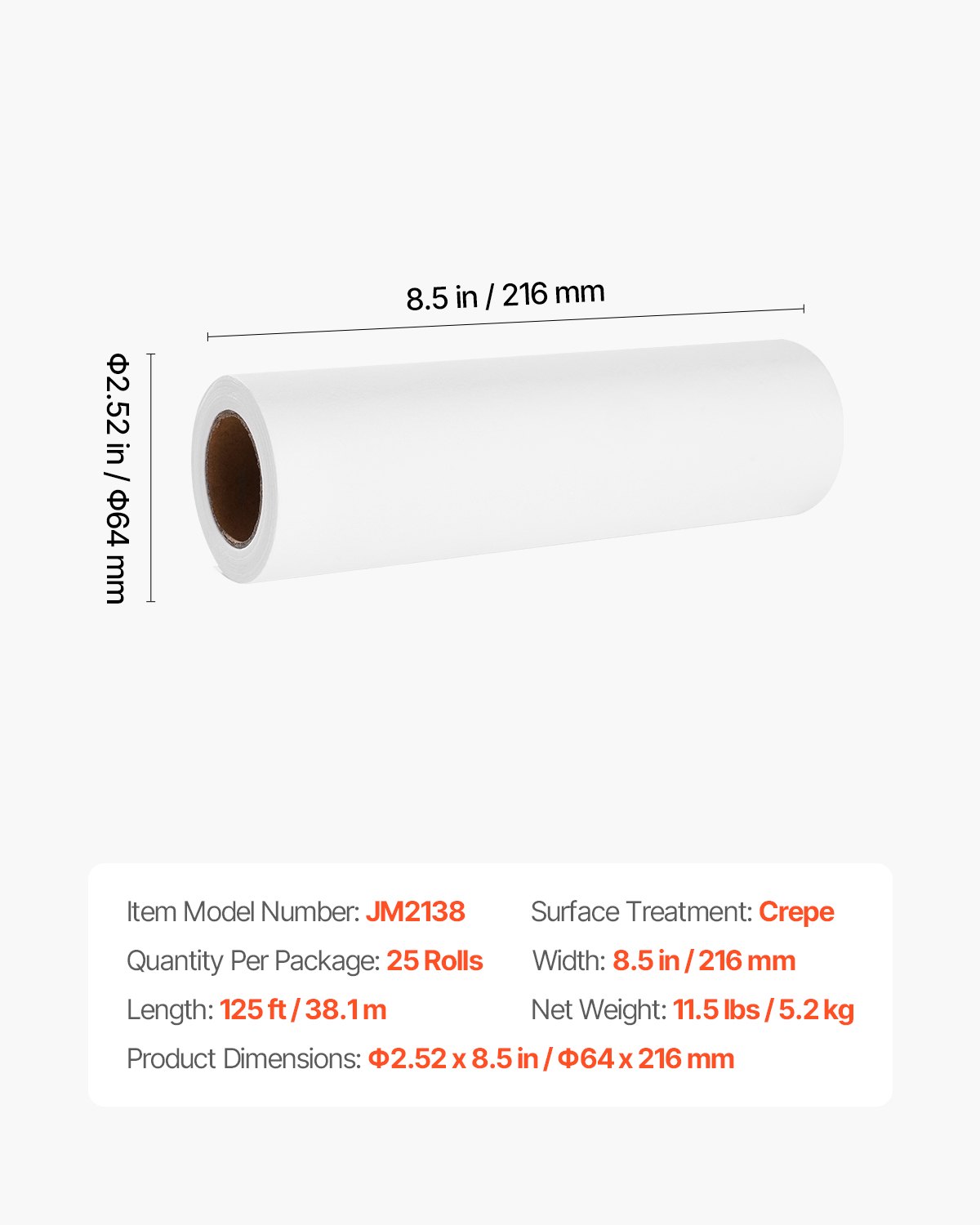VEVOR Wegwerpbare Gezichtskussen & Massagetafelhoezen, 25 Pakken 216 mm x 38,1 m, met Crepe, Hoofdsteunpapier, Ideaal voor Massage-, Onderzoeks- & Chiropractietafels, Wit