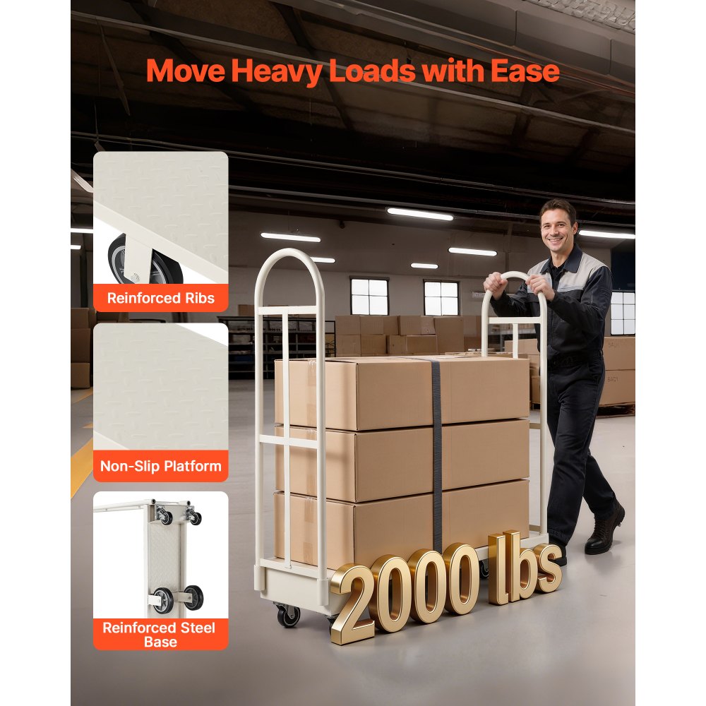 VEVOR platformwagen 907 kg, zware transportwagen, industriële magazijnwagen met 6 wielen en twee afneembare handgrepen, voor magazijnen, werkplaatsen, fabrieken, 1525x410x1510 mm rolwagen