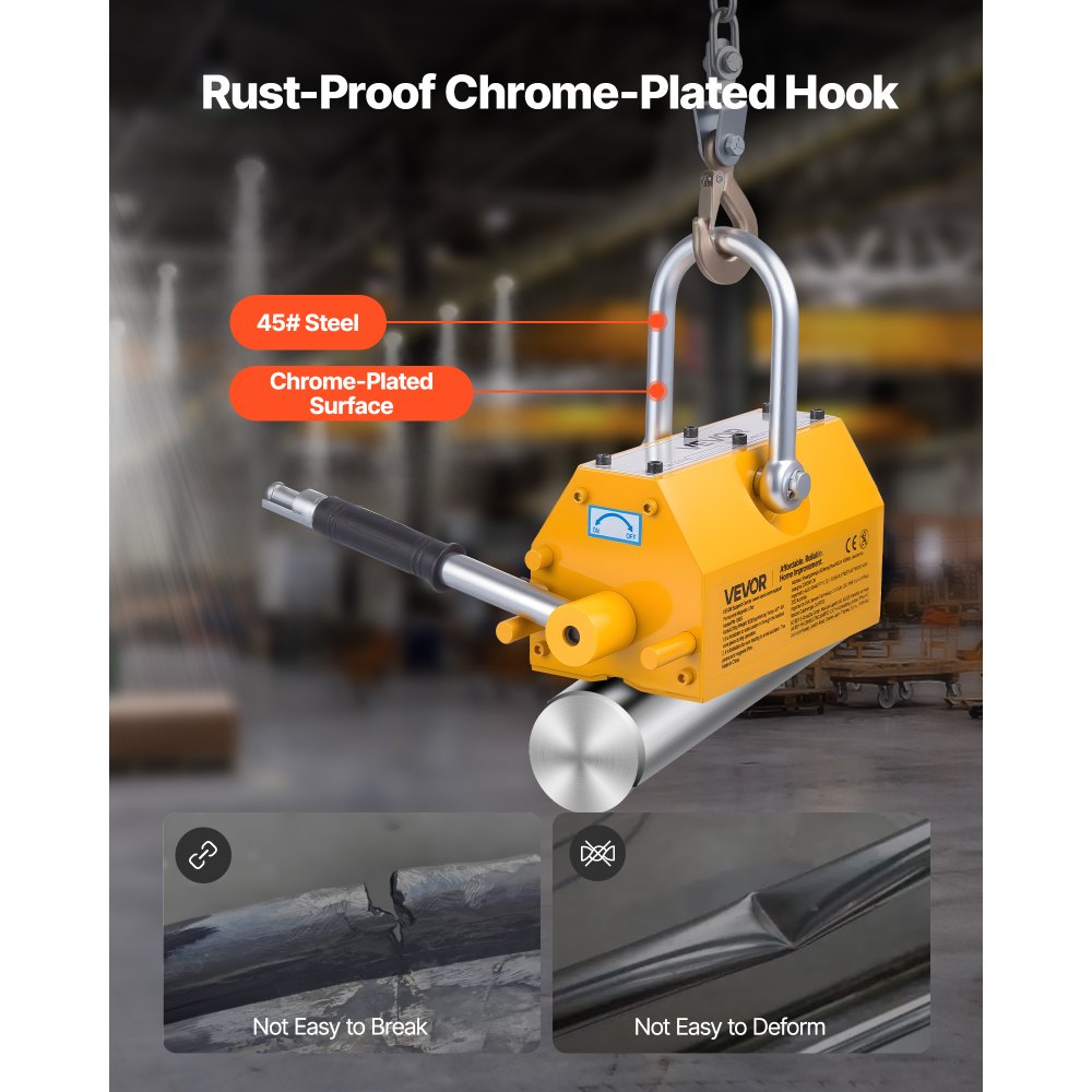 VEVOR Permanent Magnetic Lifter, 1000 kg Pulling Capacity, Heavy Duty N42 Neodymium Lifting Magnet with Release Handle and Steel Hook, Used in Shop Crane and Hoist, for Lifting Plate Steel, Board