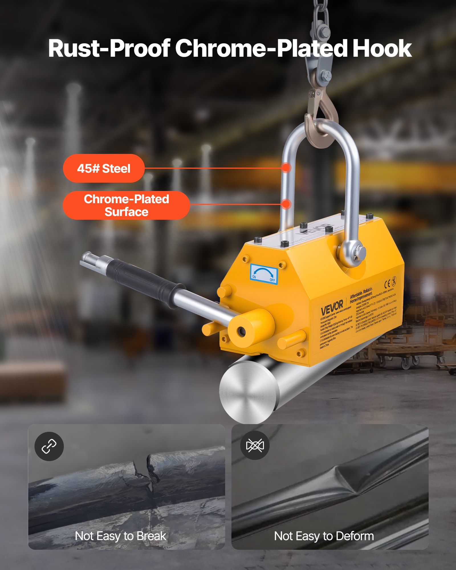 VEVOR Permanent Magnetic Lifter, 1000 kg Pulling Capacity, Heavy Duty N42 Neodymium Lifting Magnet with Release Handle and Steel Hook, Used in Shop Crane and Hoist, for Lifting Plate Steel, Board