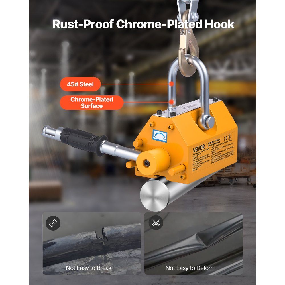 VEVOR Permanent Magnetic Lifter, 400 kg Pulling Capacity, Heavy Duty N42 Neodymium Lifting Magnet with Release Handle and Steel Hook, Used in Shop Crane and Hoist, for Lifting Plate Steel, Board
