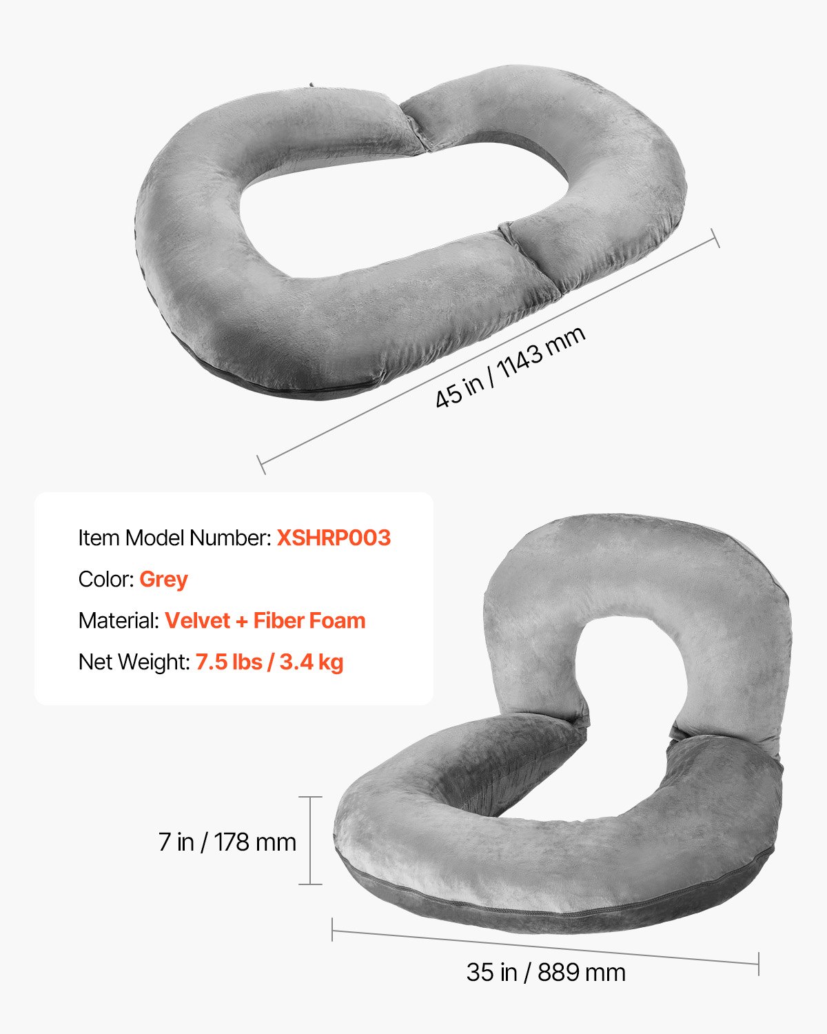 VEVOR Reading Pillow, Large Size U-Shaped Sitting up Pillow, Washable Bed Pillow with Soft Velvet, Bed Rest Back Pillow, Ideal for Reading, Gaming, Resting, Working, Grey