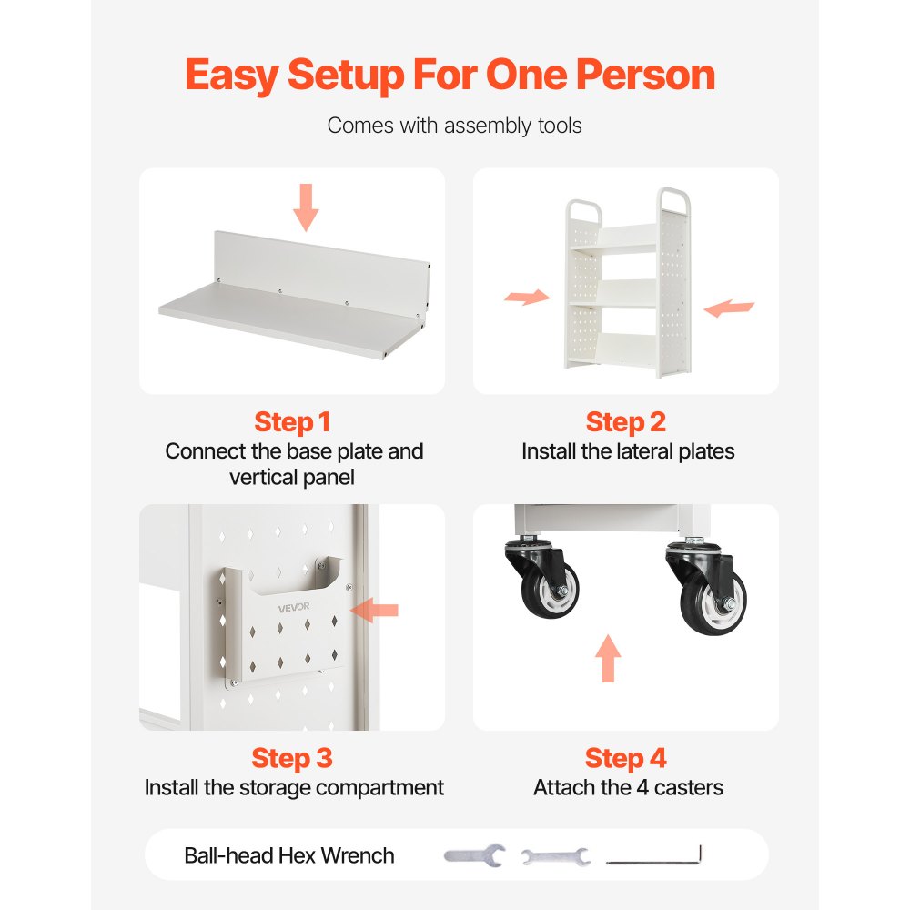 VEVOR Boekenwagen, draagvermogen 150 kg, Bibliotheekwagen, 77 x 38 x 122 cm, enkelzijdige V-vormige boekenplank met dubbele remwielen, voor woonkamer, kantoor, school, wit