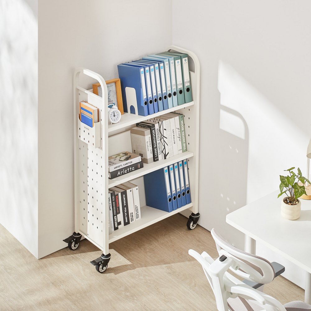 VEVOR Boekenwagen, draagvermogen 150 kg, Bibliotheekwagen, 77 x 38 x 122 cm, enkelzijdige V-vormige boekenplank met dubbele remwielen, voor woonkamer, kantoor, school, wit