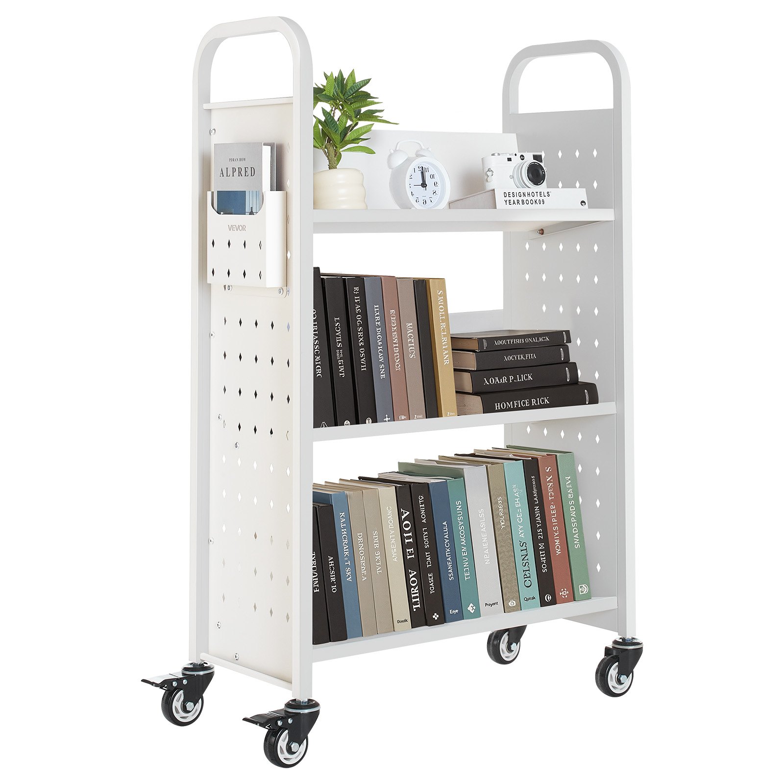 VEVOR Boekenwagen, draagvermogen 150 kg, Bibliotheekwagen, 77 x 38 x 122 cm, enkelzijdige V-vormige boekenplank met dubbele remwielen, voor woonkamer, kantoor, school, wit
